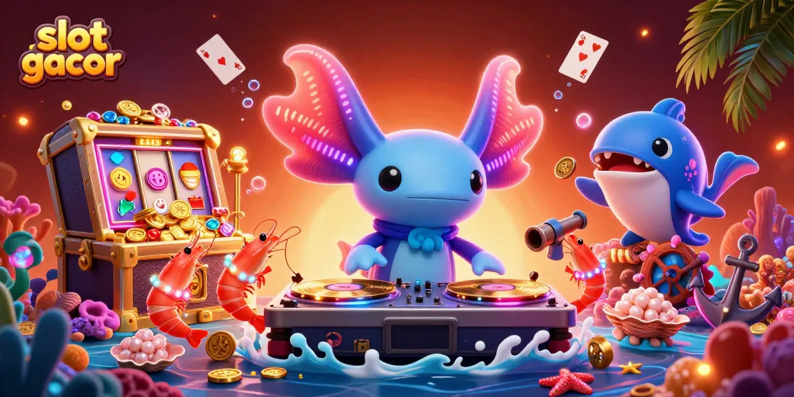 Experience slot gacor excitement with a vibrant underwater casino scene featuring lively characters and gold treasures.