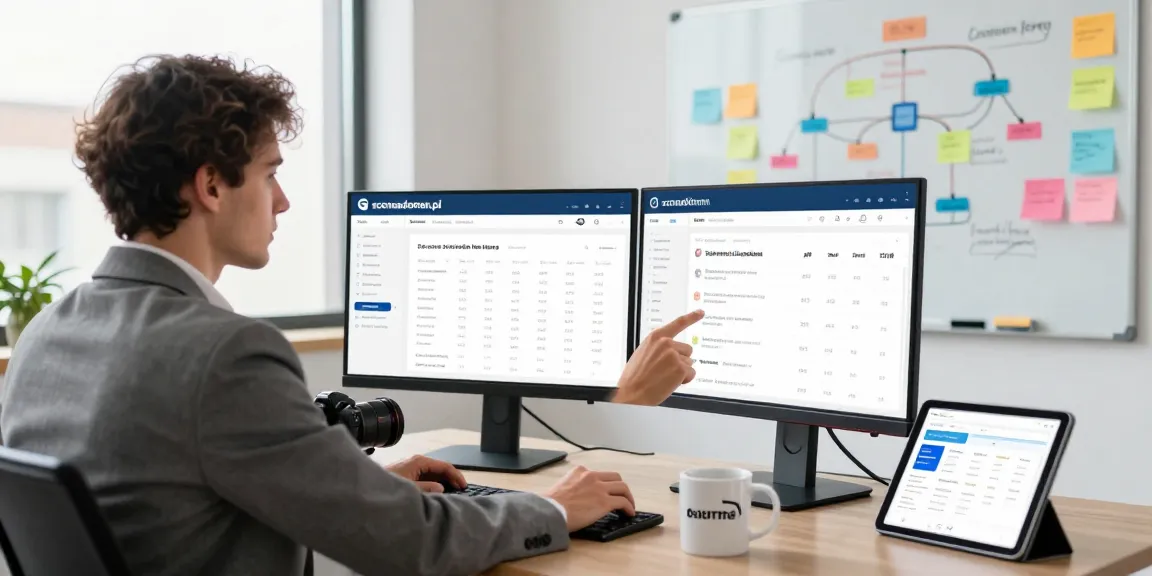 Marketing expert analyzing data from scenadomen.pl in modern office setting.