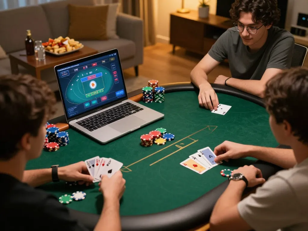 winstrike69 players strategizing in a cozy home poker setting during a thrilling game