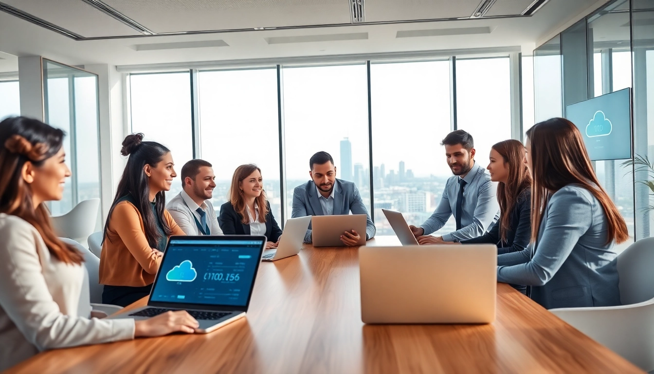 Team engaging in cloud migration services discussions in a modern office environment.