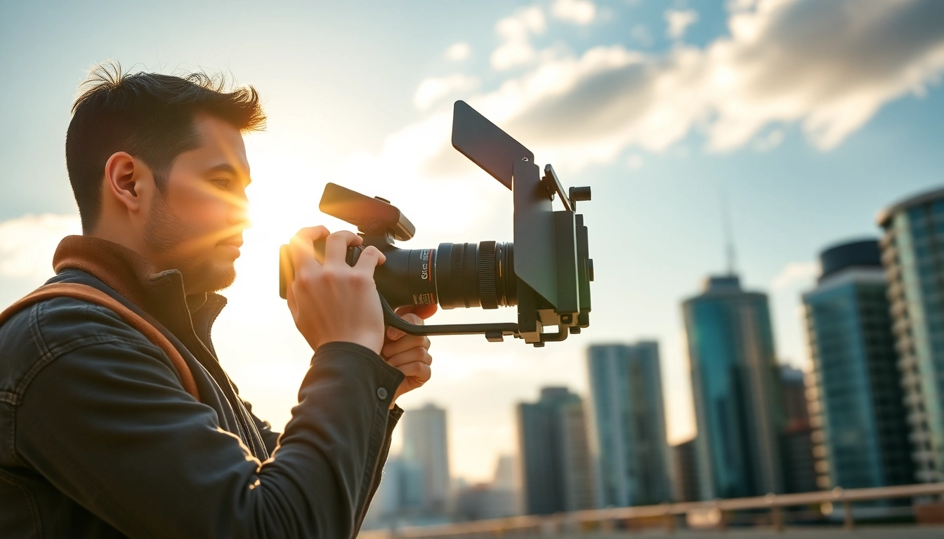 Captivating shot of an edmonton videographer filming against the city's skyline backdrop.