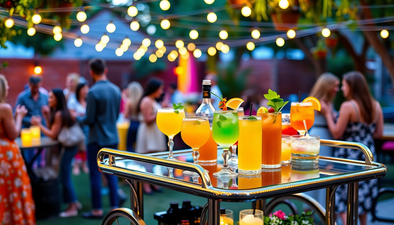 Mobile bar service at a vibrant outdoor event, showcasing colorful cocktails and a festive atmosphere.