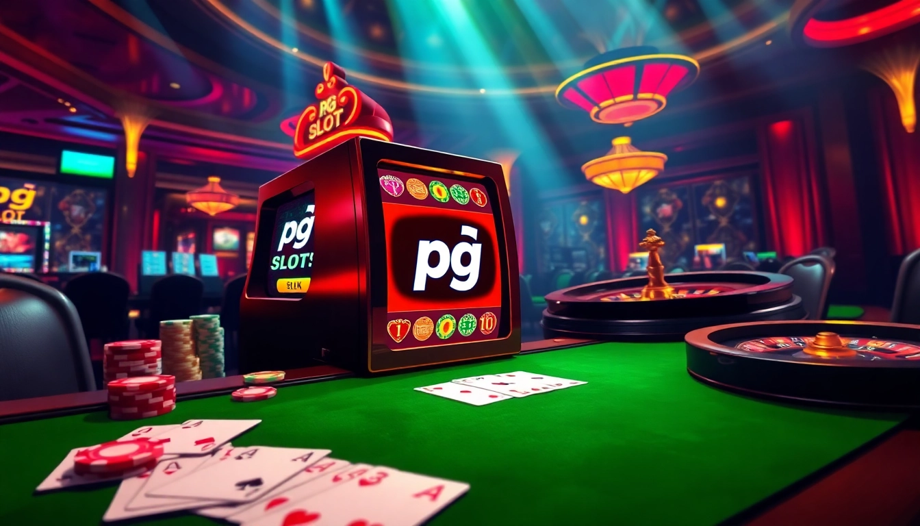Engage in the pg slot gaming experience with a vibrant casino atmosphere filled with slot machines and poker chips.