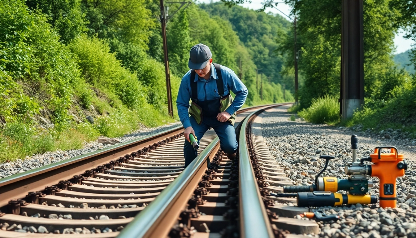 Conducting Track Inspection in a scenic green environment with inspection tools present.