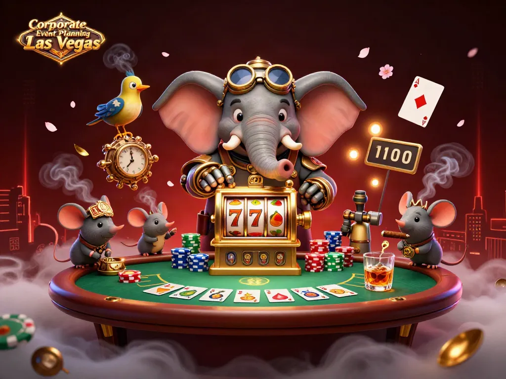 Engage in Corporate Event Planning Las Vegas with a vibrant steampunk-themed digital illustration of a gambling scene.