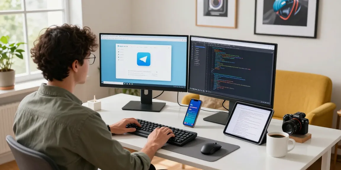Developer working in a modern workspace with dual monitors displaying 纸飞机中文版 and coding software.