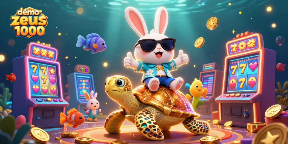 Spin the reels on demo slot zeus 1000 with lucky rabbit and turtle in a vibrant gaming scene.