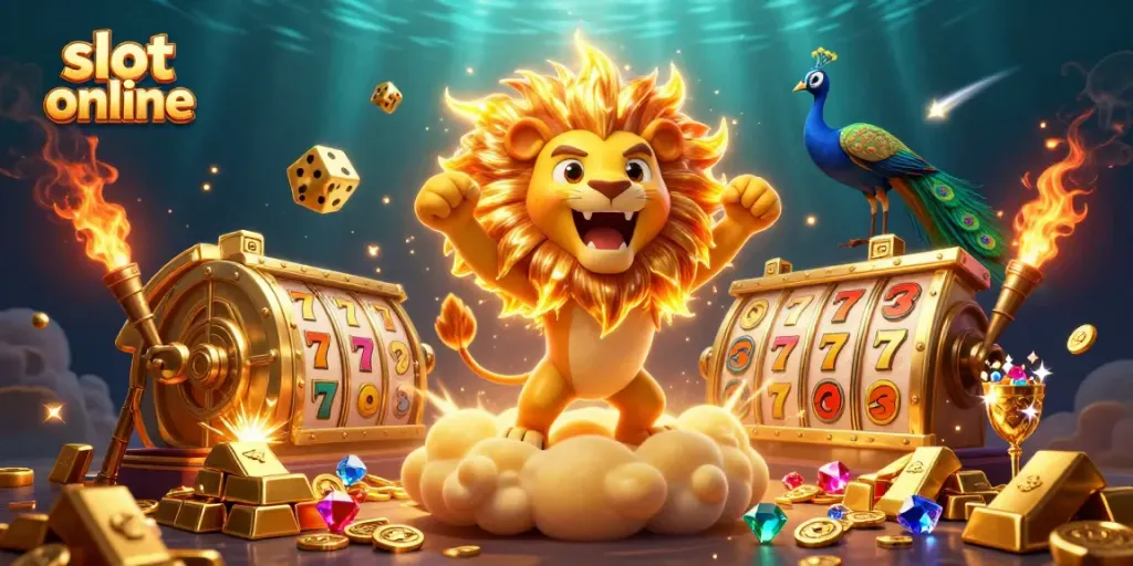 Experience slot online excitement with vivid 3D elements like a roaring sun lion, golden dice, and vibrant treasures.