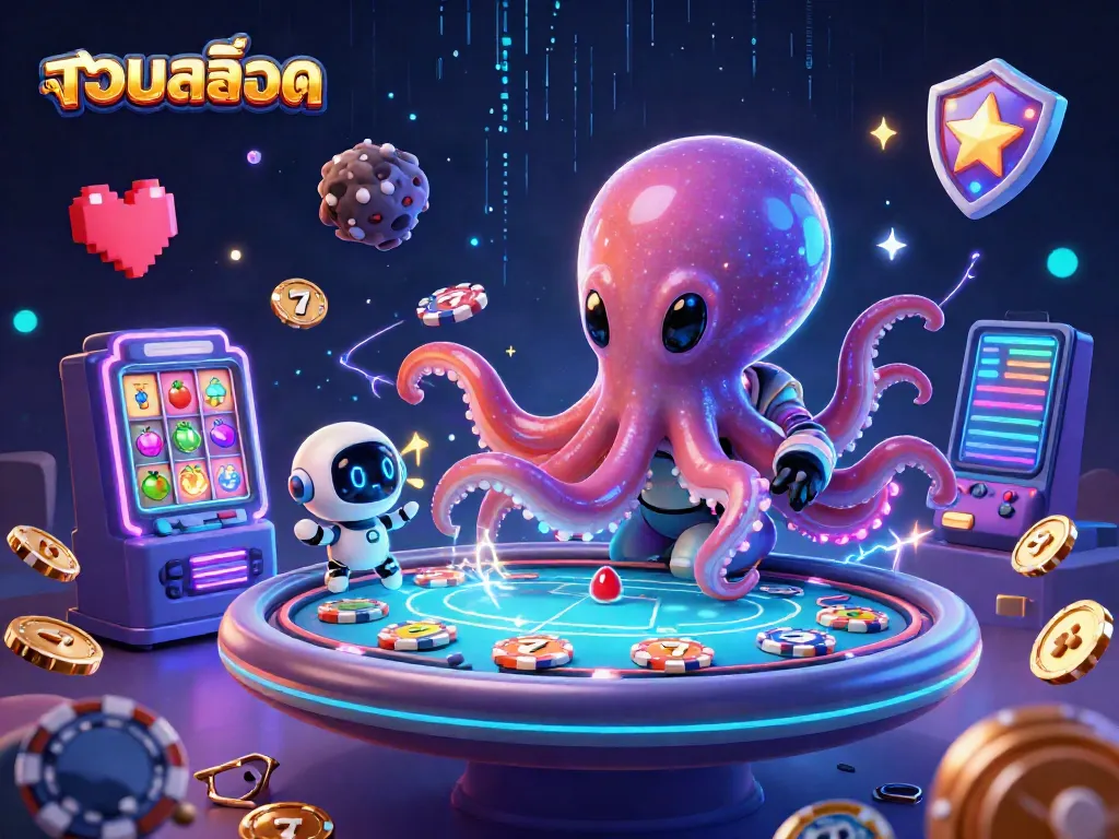 Experience รวมสล็อต with an exciting scene of a futuristic alien octopus playing poker, surrounded by vibrant slot machines.