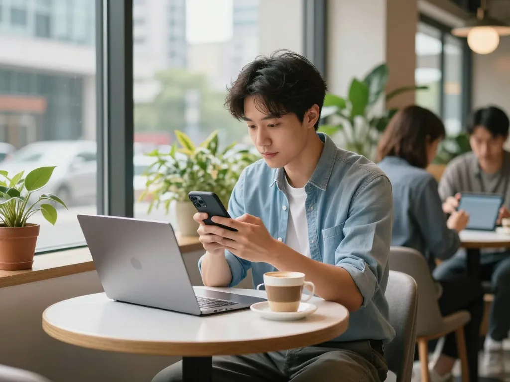 현대적인 환경에서 노트북과 커피를 들고 카페에서 폰테크 서비스를 이용하는 모습.
