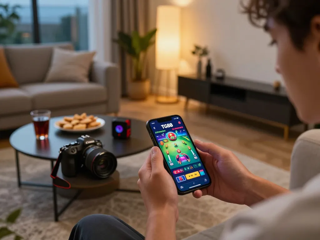 Player using TG88 mobile app for gambling in a cozy home setting, showcasing smartphone gameplay.