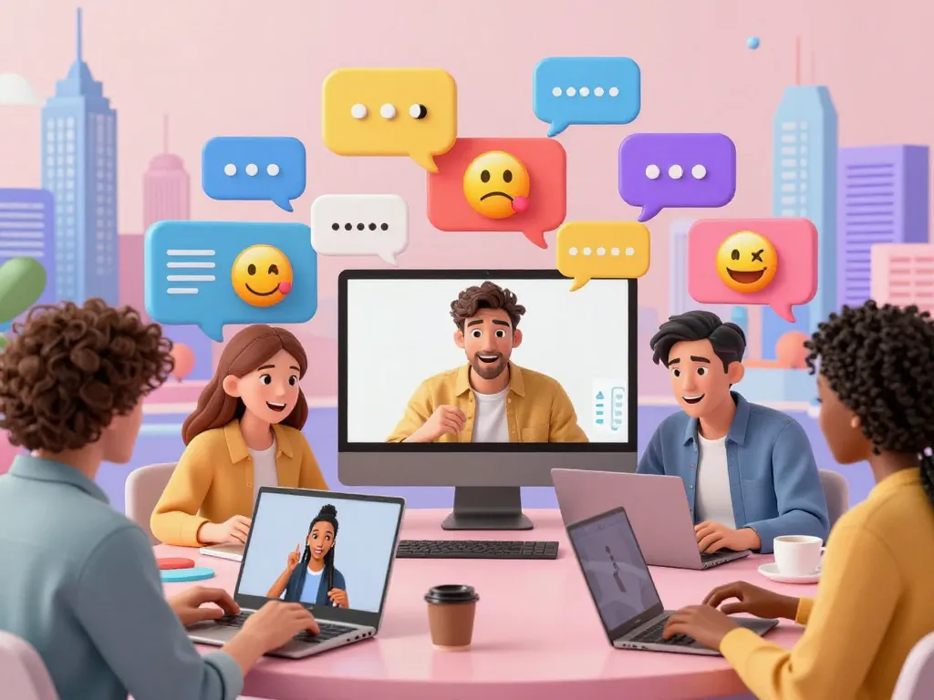 Spicy chat among diverse animated characters interacting on virtual devices, showcasing digital communication.