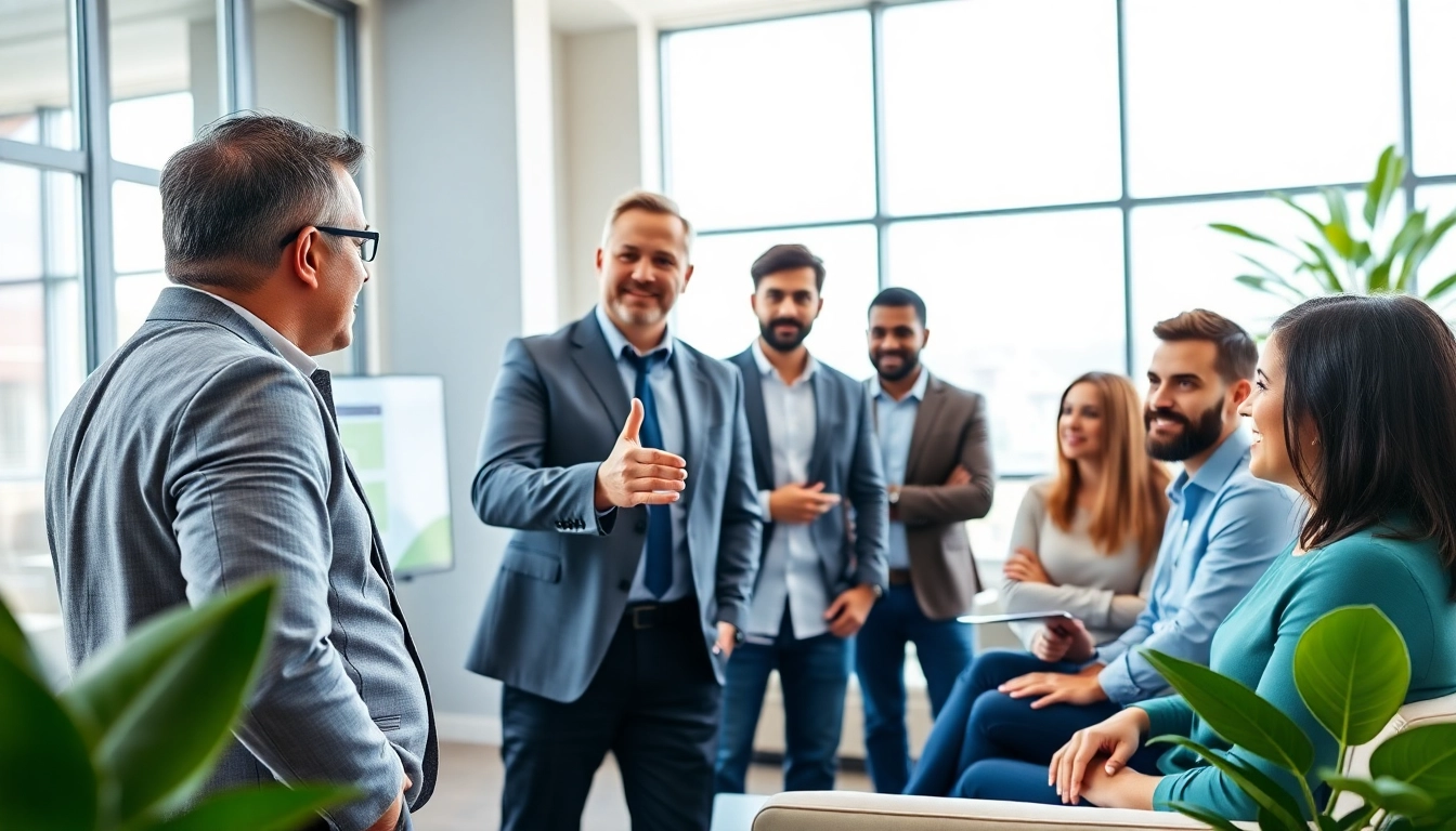 Business coach near me facilitating a workshop with engaged participants in a modern office.
