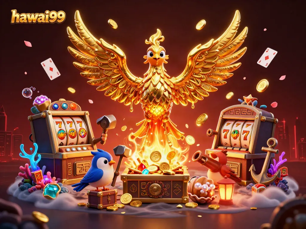 Experience the excitement at hawai99 with a molten golden phoenix and vibrant slot elements.