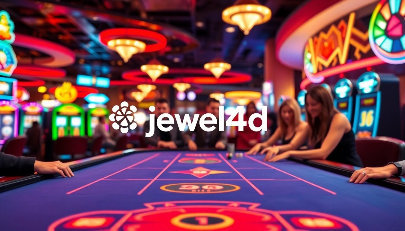 Permainan kasino dengan logo jewel4d diatas meja, dikelilingi oleh pemain yang antusias.