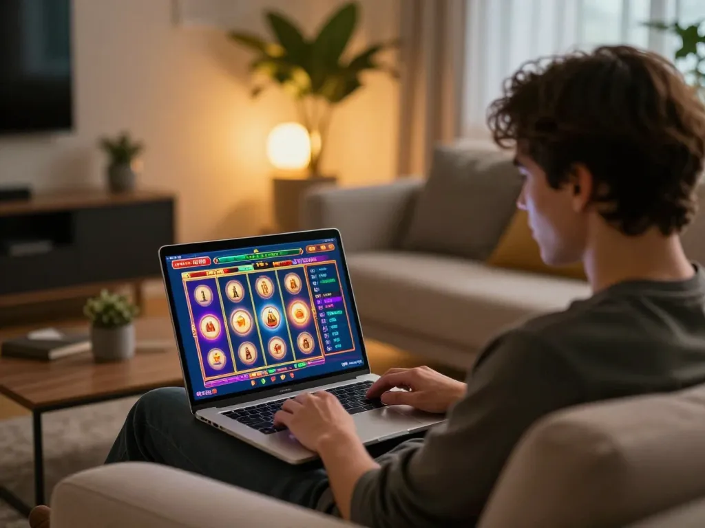 Permainan yang menarik di laptop saat seorang pemain menjelajahi opsi slot link terbaru di lingkungan rumah yang nyaman.