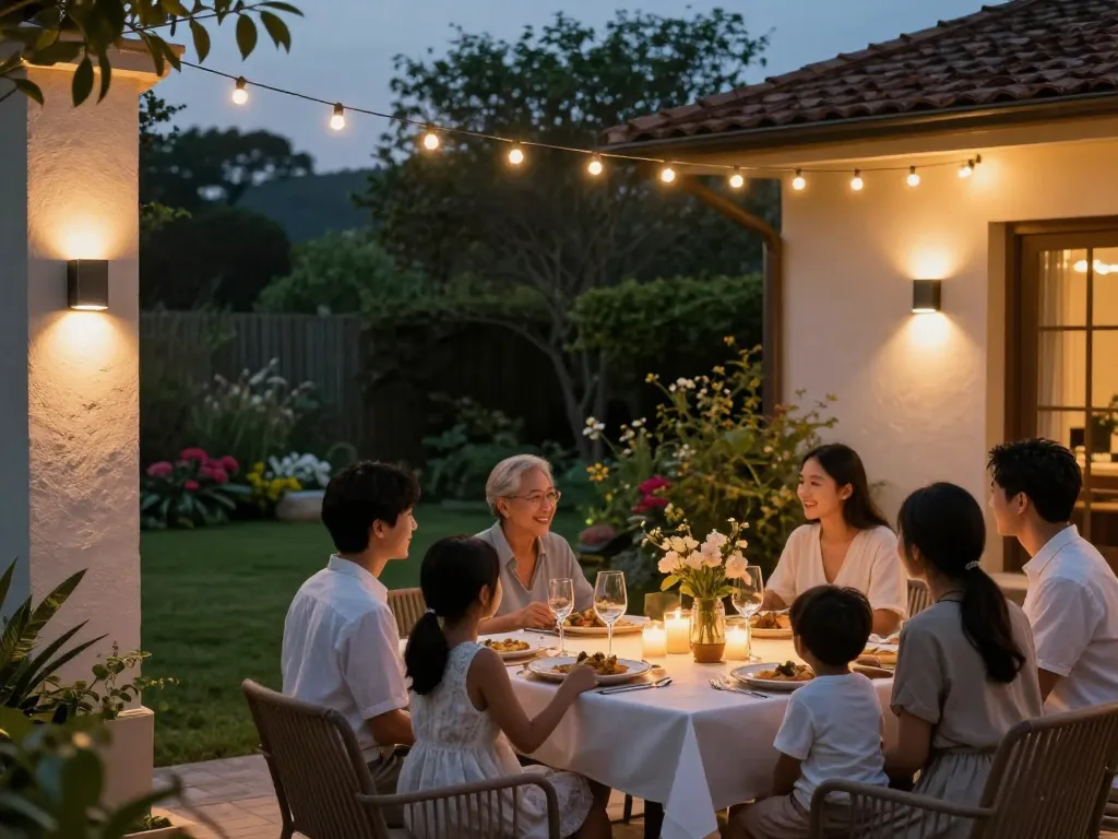Dusk to dawn outdoor lights illuminate a cozy patio dinner scene with family and friends.