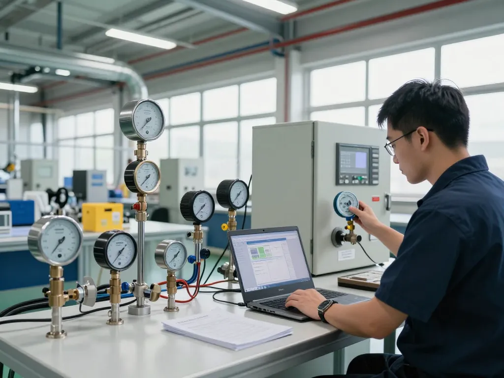 Technician calibrating Endress Hauser flow measurement device in an industrial automation facility.