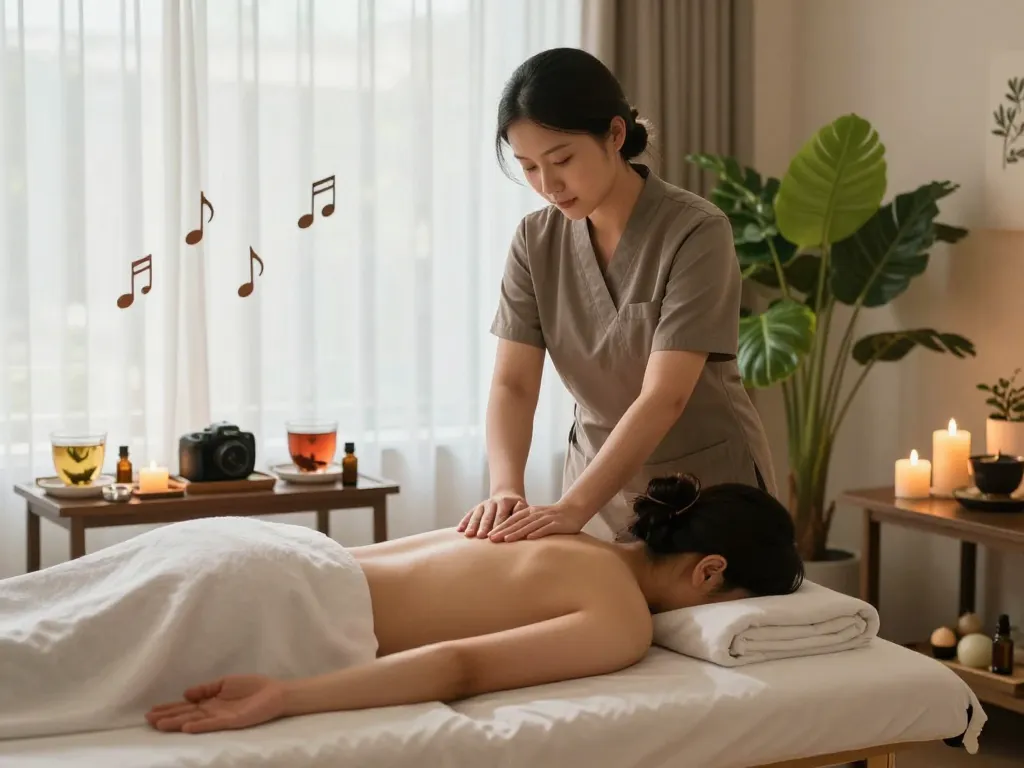 Relaxing 부전동마사지 scene with candles, essential oils, and calming atmosphere