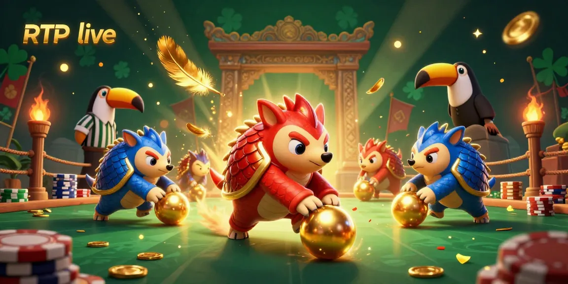 Engage with RTP live dynamics in this vibrant casino scene featuring animated pangolins bowling through poker chips.