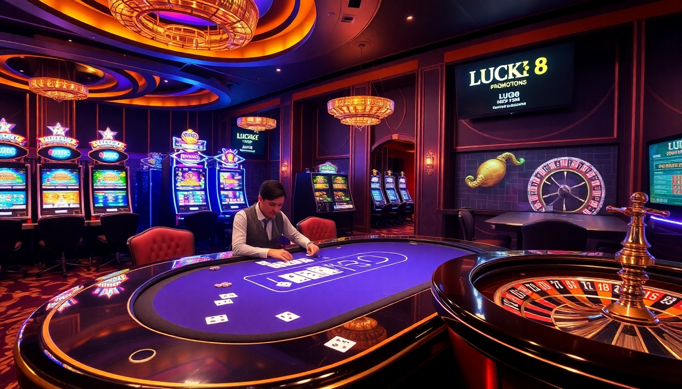 Engaging poker game at LUCK8 Casino with vibrant slot machines and chips scattered on the table.