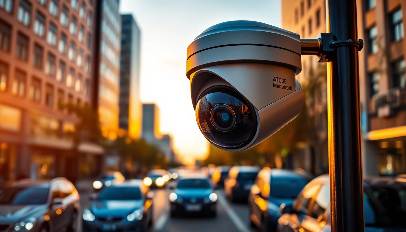 Automatic license plate recognition camera analyzing vehicles in an urban setting with warm lighting.