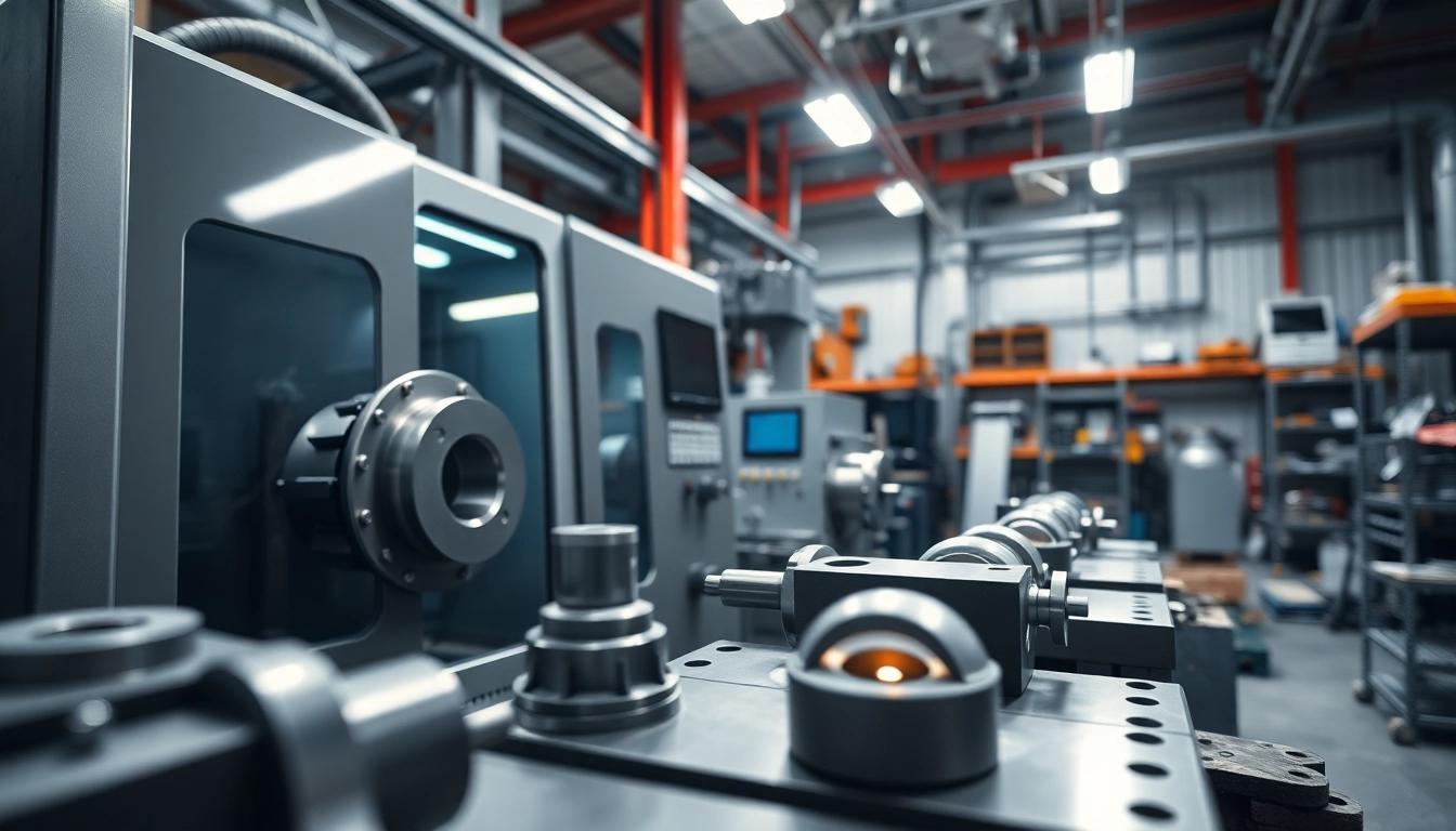 Custom part manufacturer showcasing precision machining on a CNC lathe in a dynamic workshop.