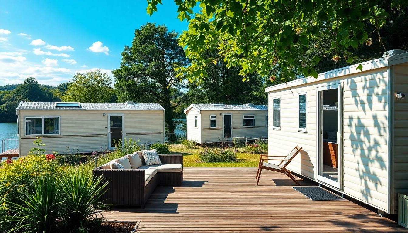 Relaxing lakeside view of static caravans highlighting cozy outdoor living spaces.