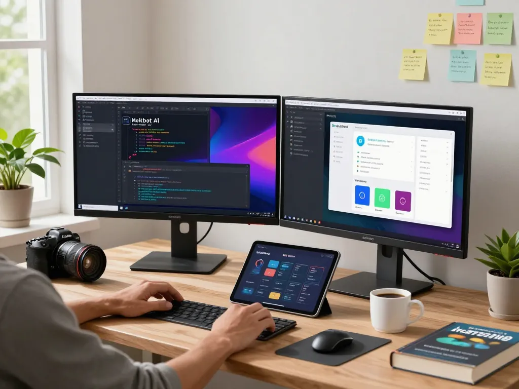 Developer using clawdbot AI in a modern home office with dual monitors and coding tools.