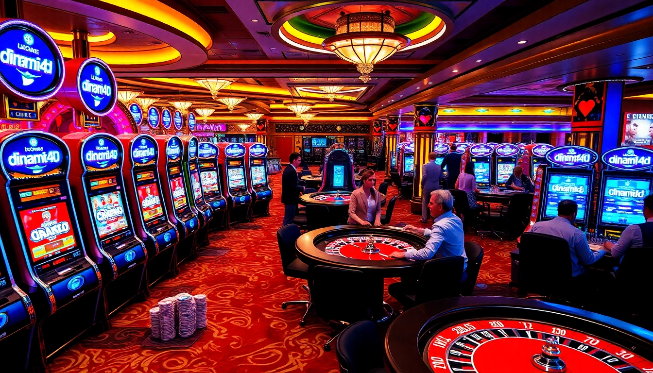 Experience the thrill of dinamit4d at a luxurious casino with colorful slot machines and enthusiastic players.
