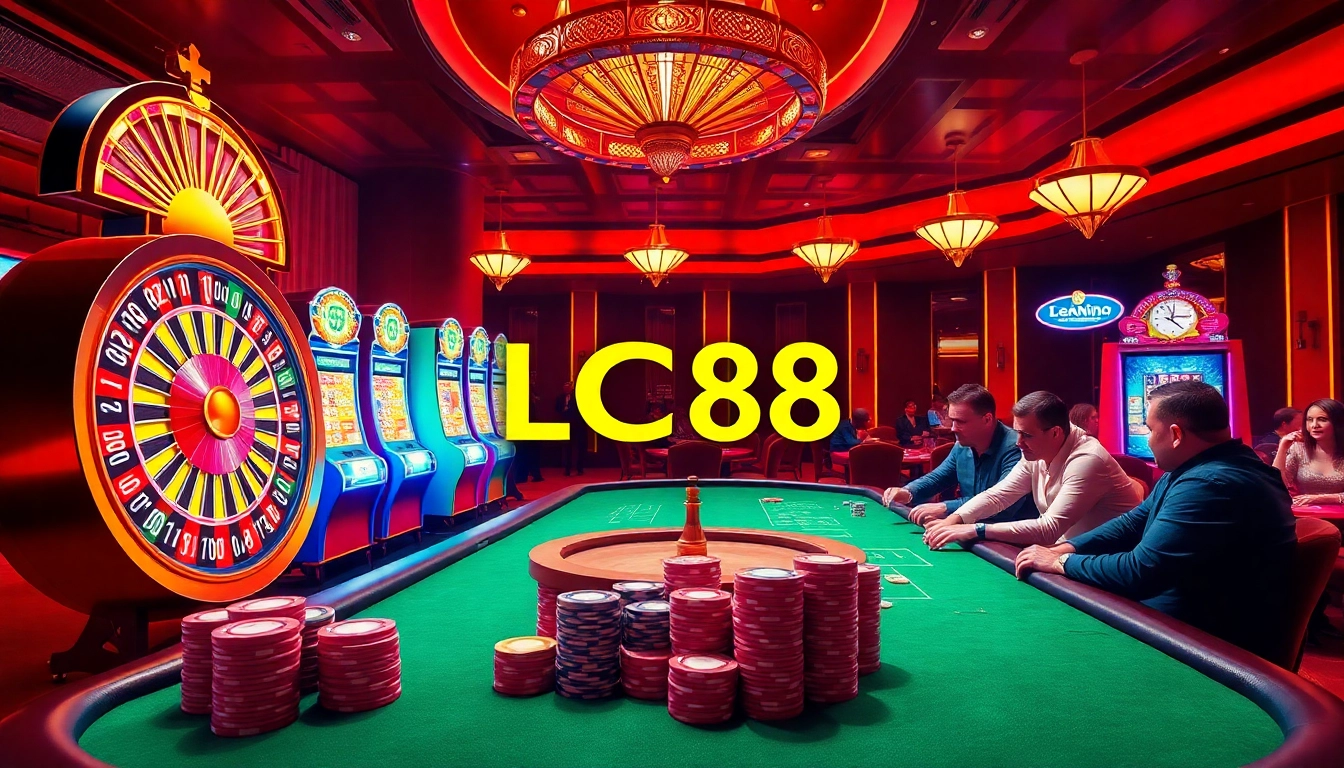 Experience the excitement of LC88 with vibrant casino tables and thrilling games in a luxurious setting.