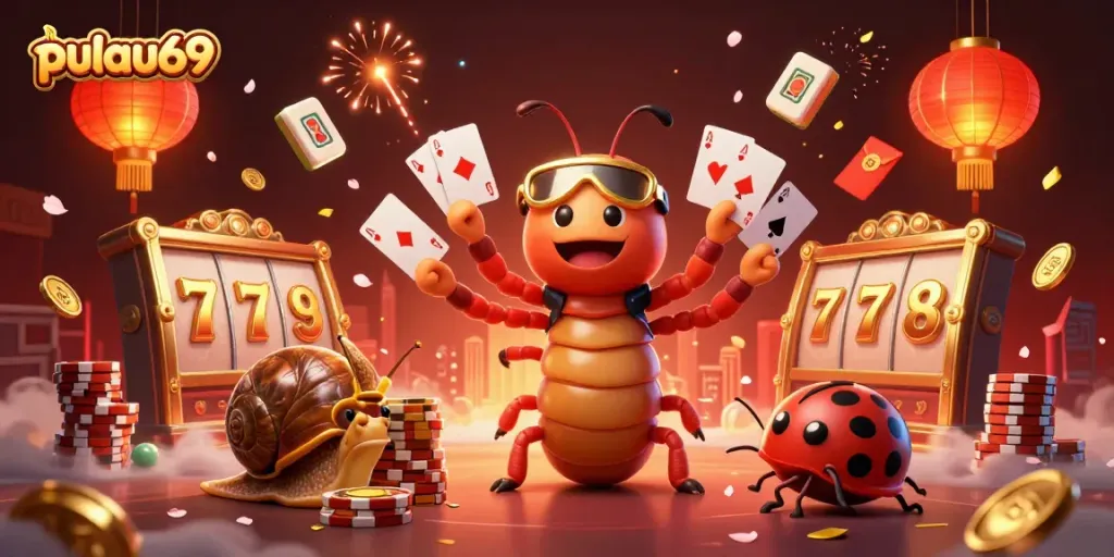 Engage with pulau69 as a cartoon millipede dealer spreads winning cards in a vibrant casino scene.