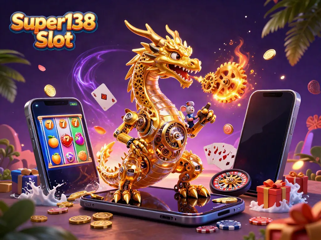 Experience the excitement of Super138 Slot featuring a golden dragon in a vibrant 3D casino setting.