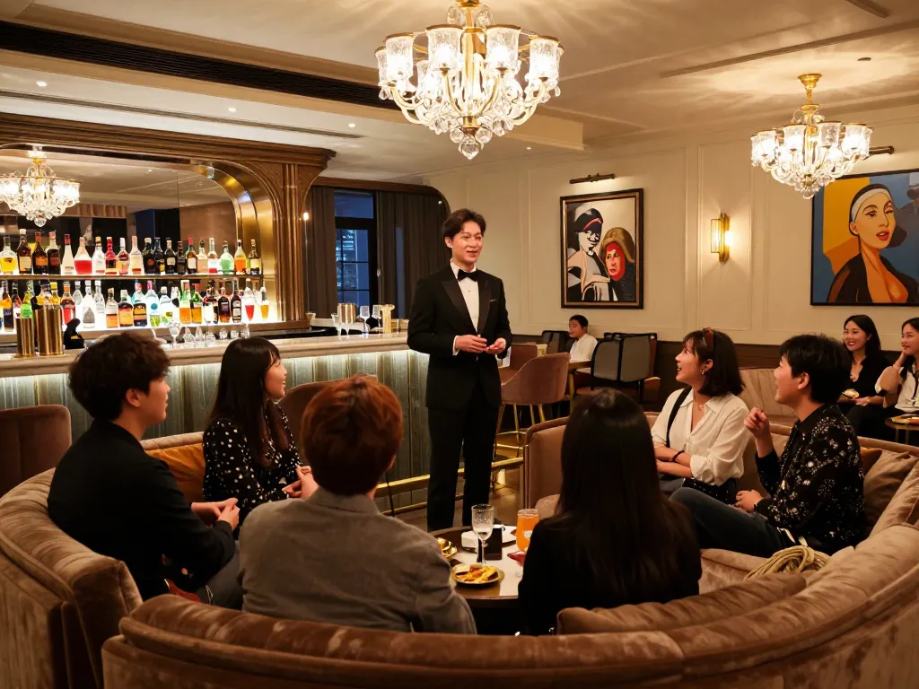 Guests enjoying the upscale atmosphere of 강남쩜오 nightlife venue with stylish decor and premium drinks.