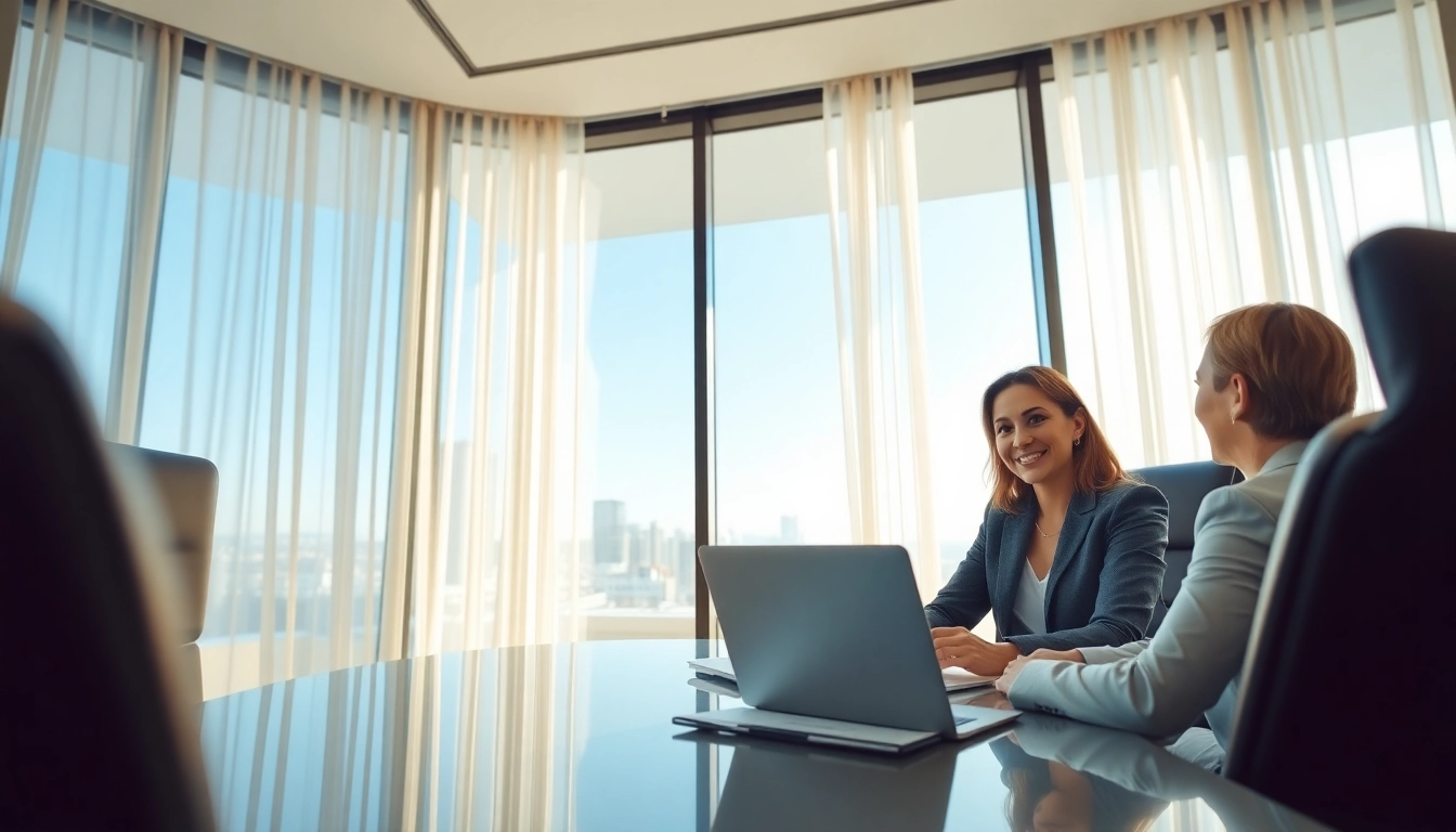 Career consultant guiding a client in a modern office environment.