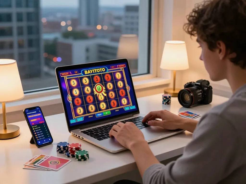 Engaging BAYITOTO online gambling scene with vibrant slot graphics and user interaction.