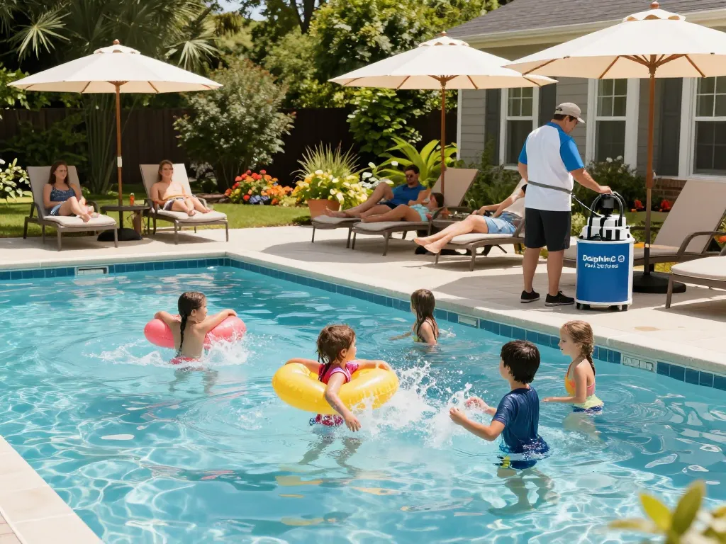Dolphin Pool Services enhancing family fun in a Virginia backyard pool, showcasing professional maintenance and care.