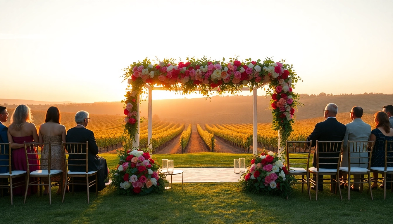 Stunning outdoor Clarksburg wedding ceremony with floral decor amid scenic vineyards.