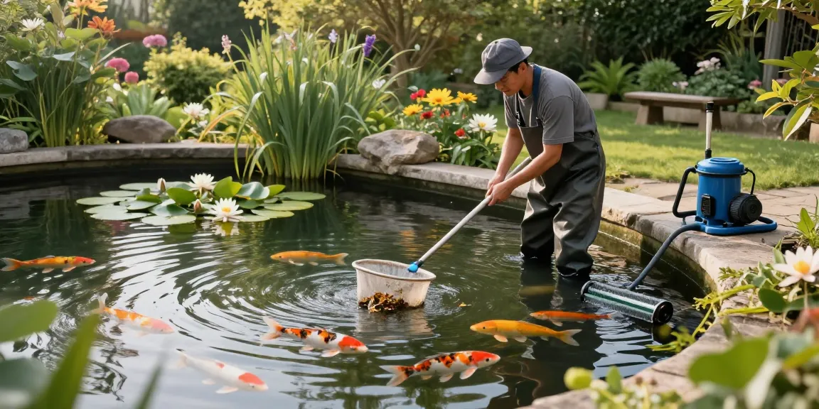 Pond cleaning Surrey expert removing debris to maintain a vibrant garden pond ecosystem.