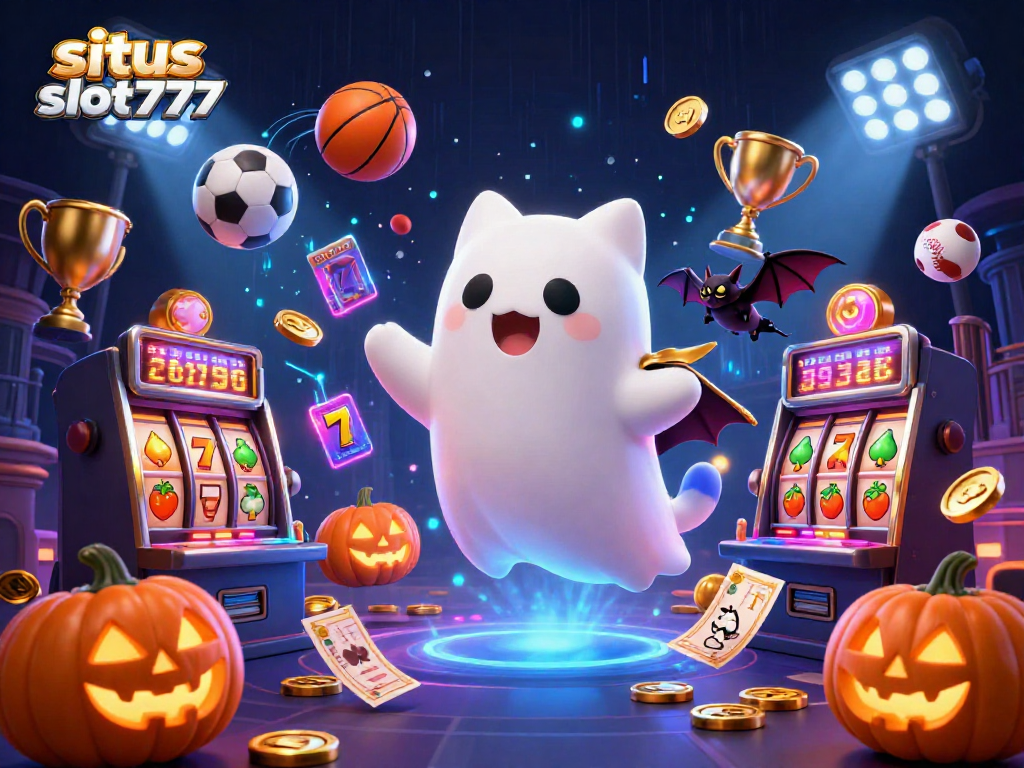 Engage with situs slot777 featuring a friendly ghost cat and vibrant gaming elements in a lively casino scene.