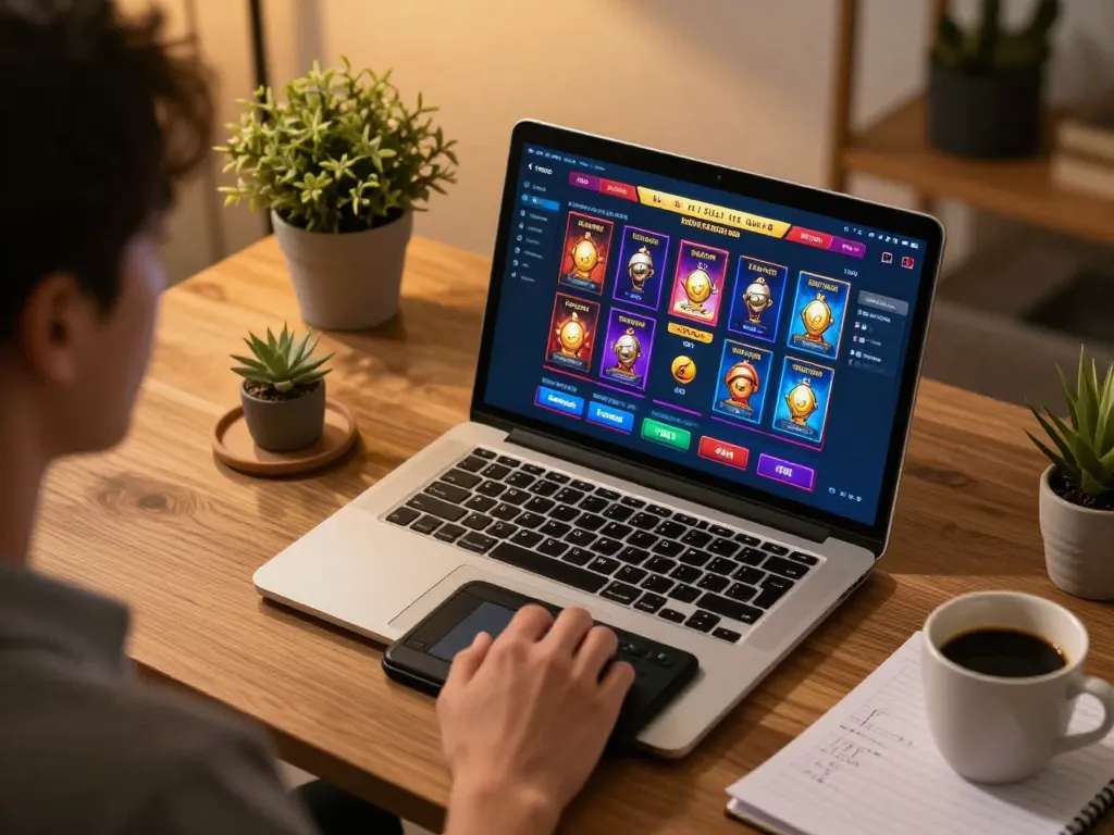 Situs slot gacor gaming setup with player using laptop, showcasing strategy and excitement.