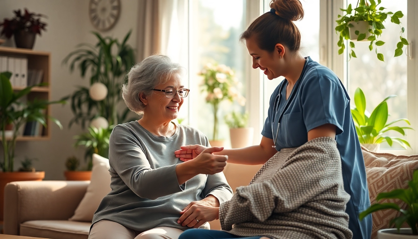 Engaging in home respite care, a caregiver aids an elderly woman in a cozy living room.