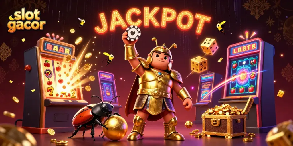 Momen kemenangan slot gacor ditampilkan dengan karakter asli dan mesin slot berkilauan yang penuh harta