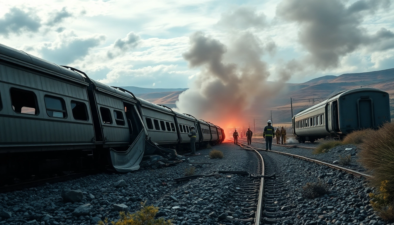 Spain train crash scene showing wreckage and emergency responders at work.