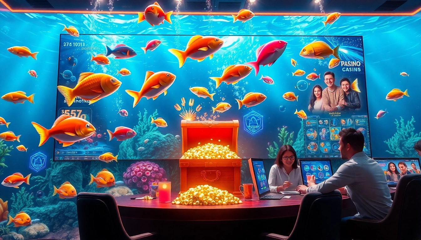 Bắn cá đổi thưởng scene showing thrilling gameplay with colorful 3D fish graphics and vibrant casino interface.