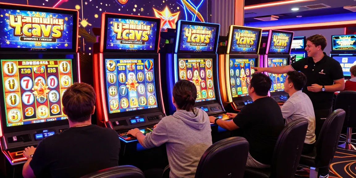 Exciting online slot gaming scene with animated reels and engaged players