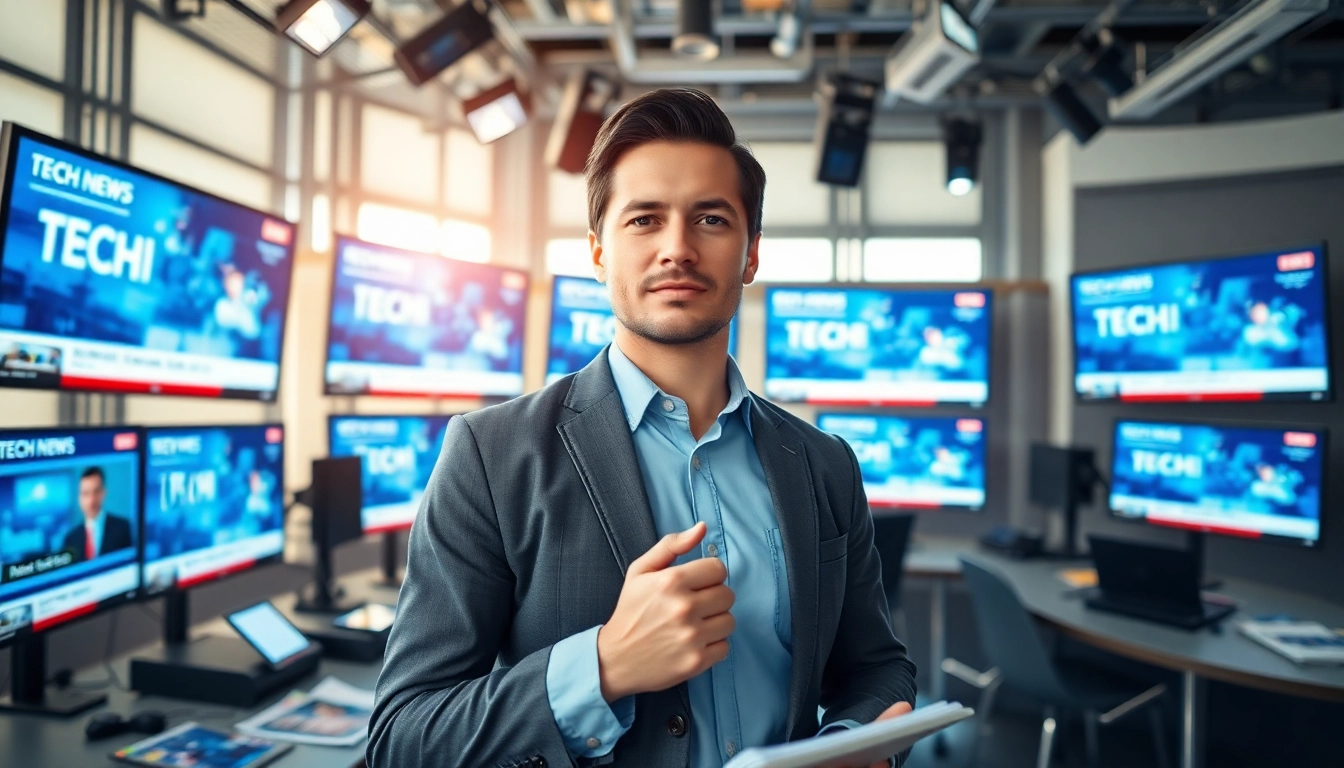 Report on tech news while highlighting the bustling dynamic of a modern newsroom.