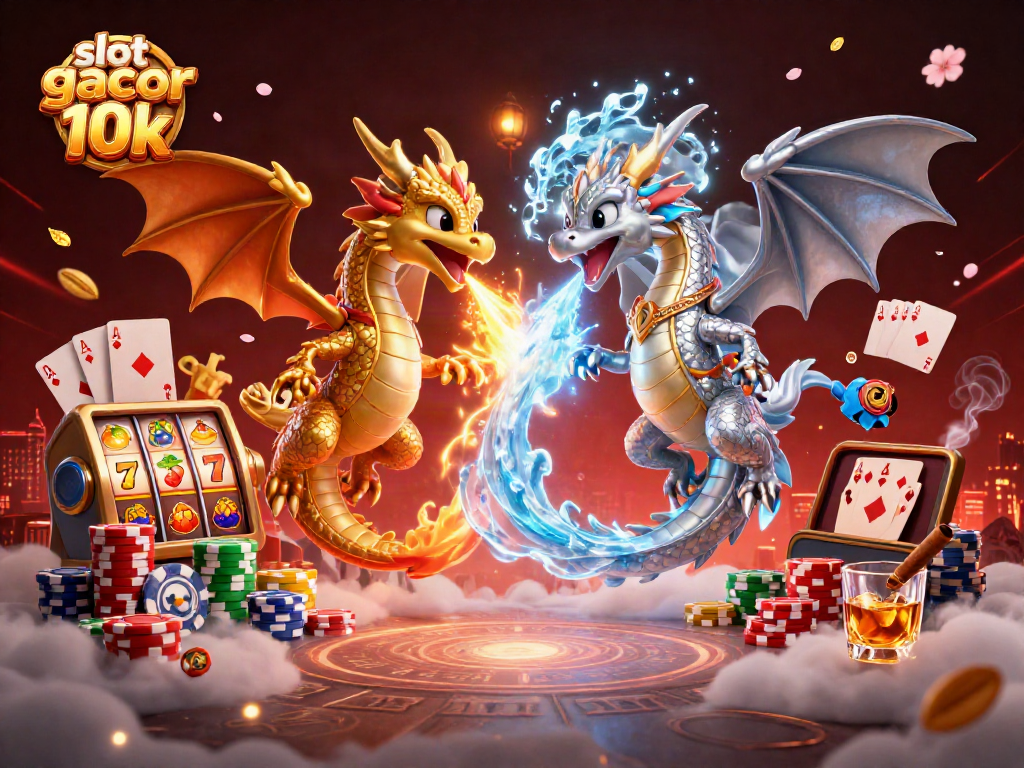 Spin the reels of slot gacor 10k with dynamic dragons breathing fire and ice in an exciting casino scene.
