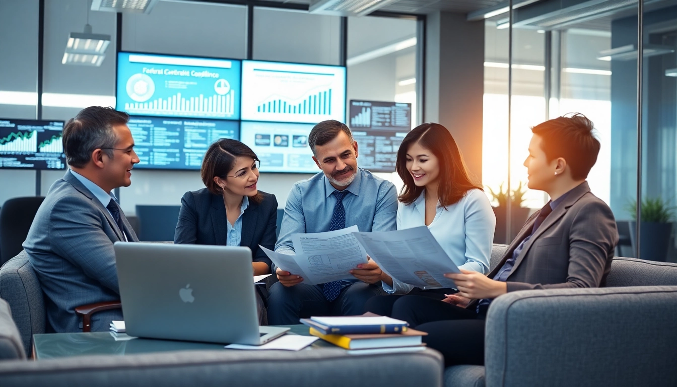 Consultants analyze Federal and State contracts pre-post award compliance in an office environment.