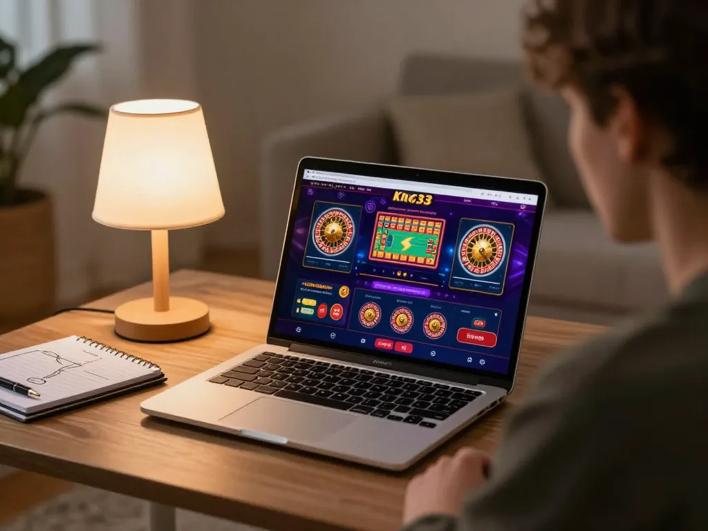 Engaging user gaming on King33 online casino with a laptop in a cozy setting.